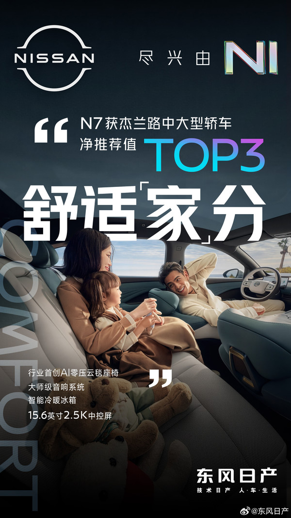 东风日产N7获杰兰路中大型轿车净推荐值TOP3